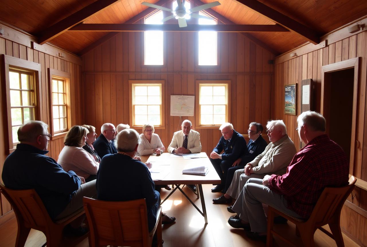 Community workshop meeting in a wooden hall