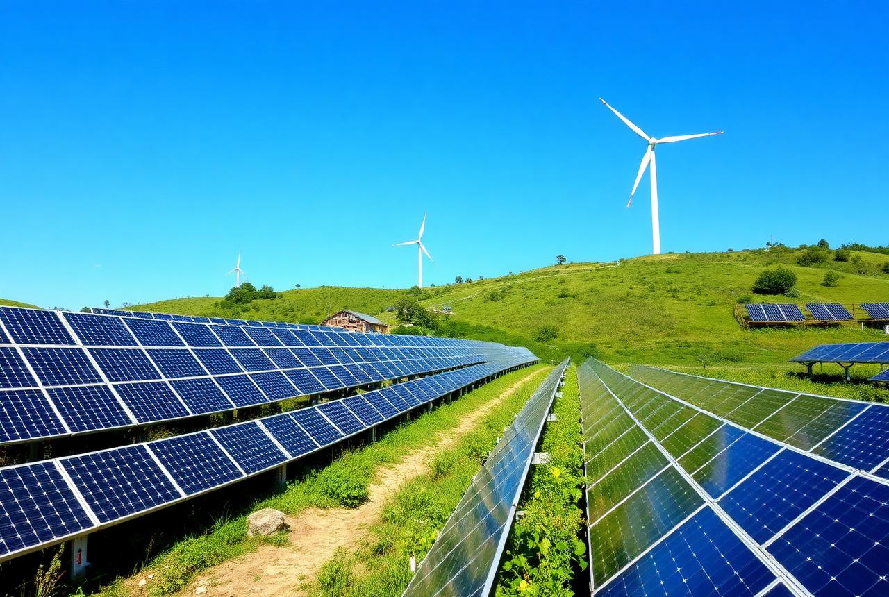 Solar array and wind turbine on a green hillside