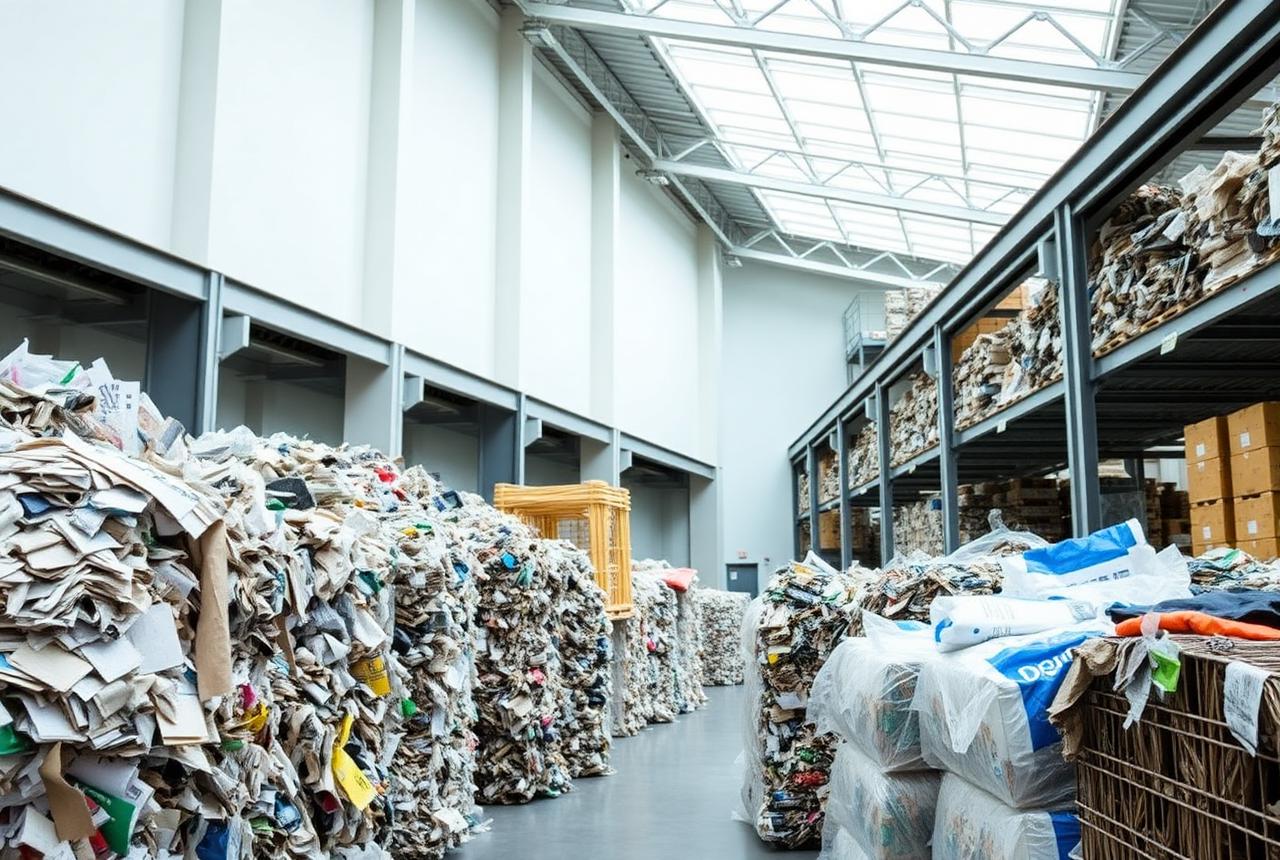 Sorted recyclable material bales in a recovery facility