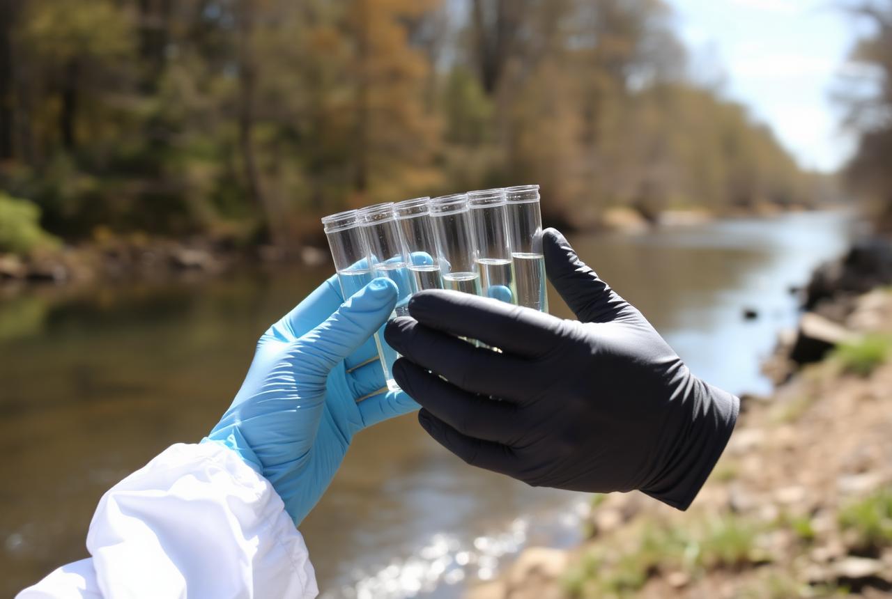 Technician collecting water samples beside a river
